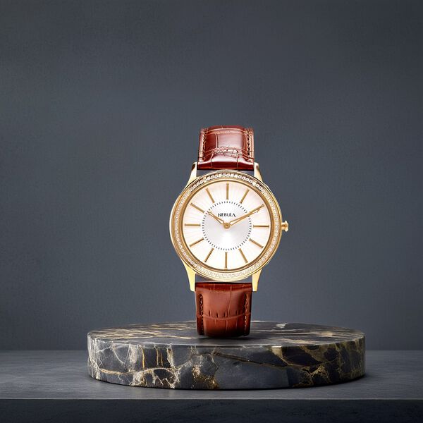 Titan Nebula Vintage 18k Gold Analog Diamond Studded Bezel Leather Strap Watch for Men - image number 5