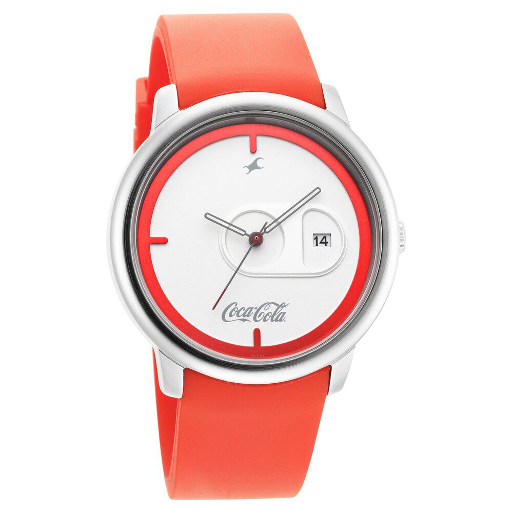Buy Online Fastrack Coca Cola Edition By Fastrack Quartz Analog with Date White Dial Plastic Strap Watch for Guys np3263sp01 Titan