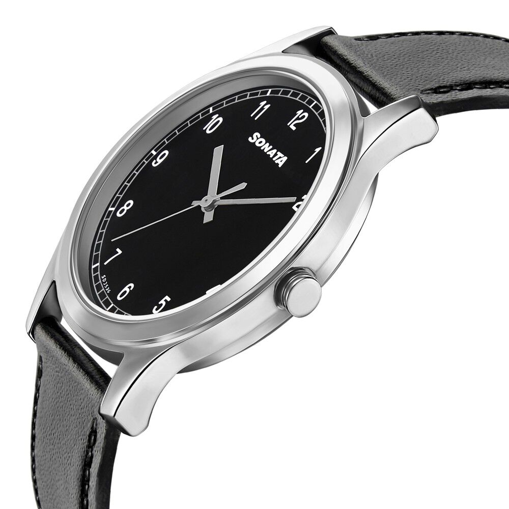 Buy Online Sonata Quartz Analog Black Dial Leather Strap Watch for