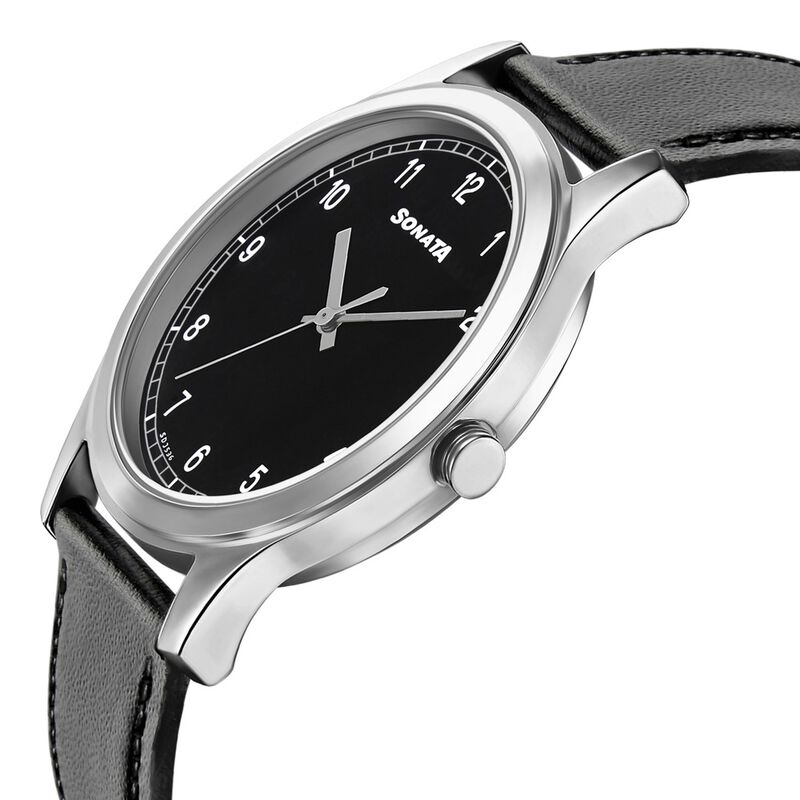 Buy Online Sonata Quartz Analog Black Dial Leather Strap Watch for Men ns7135sl02 Titan