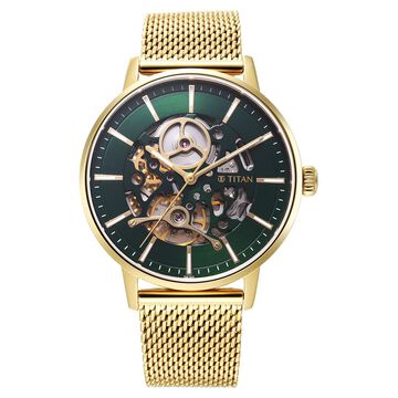 Titan Mechanical Slimline Green Dial Golden Mesh Strap watch for Men