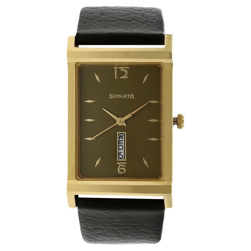 Sonata Quartz Analog with Day and Date Green Dial Leather Strap Watch for Men