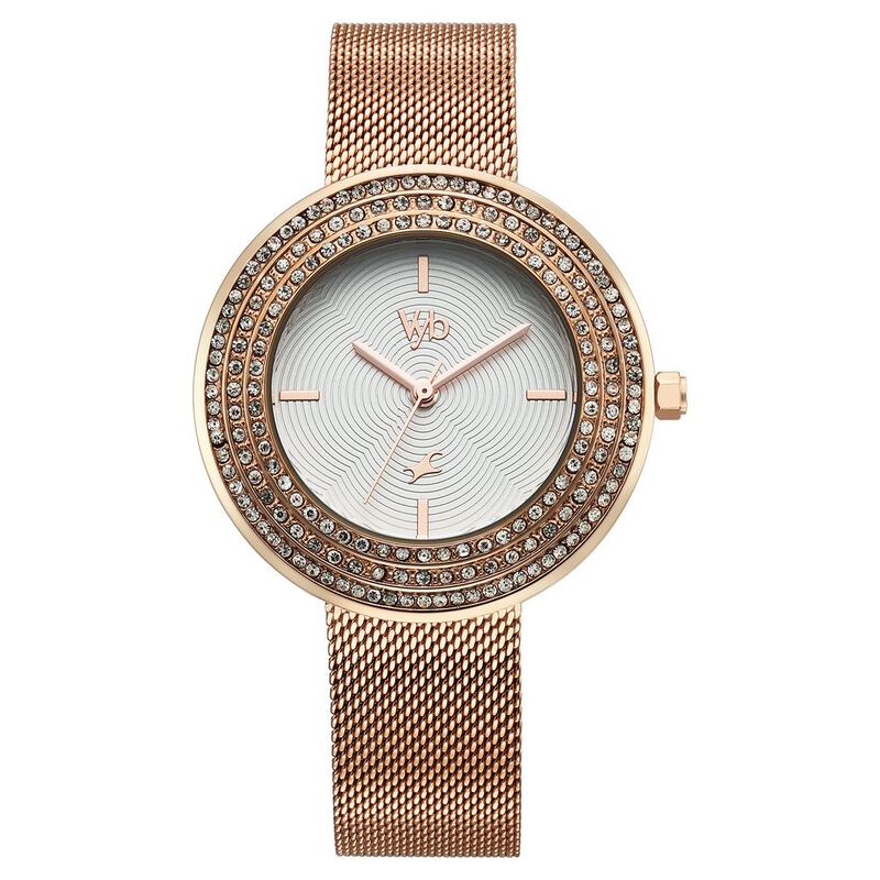 Fastrack Vyb Iconique Quartz Analog White Dial Rose Gold Metal Strap Watch For Women