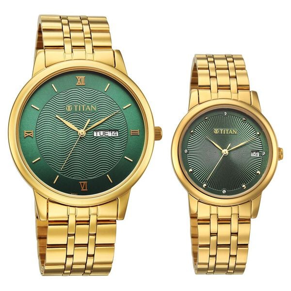 Titan Bandhan Eternal Pair Analog with Date and Green Dial Yellow Gold Stainless Steel Strap Watch for Couples - image number 1