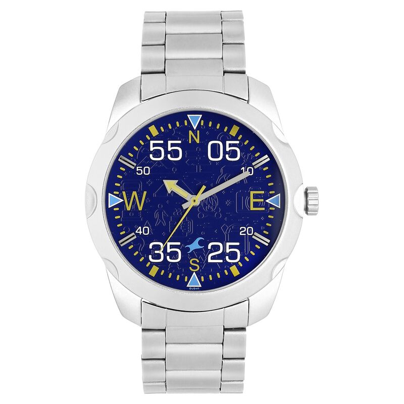Fastrack Road Trip Quartz Analog Blue Dial Stainless Steel Strap Watch for Guys