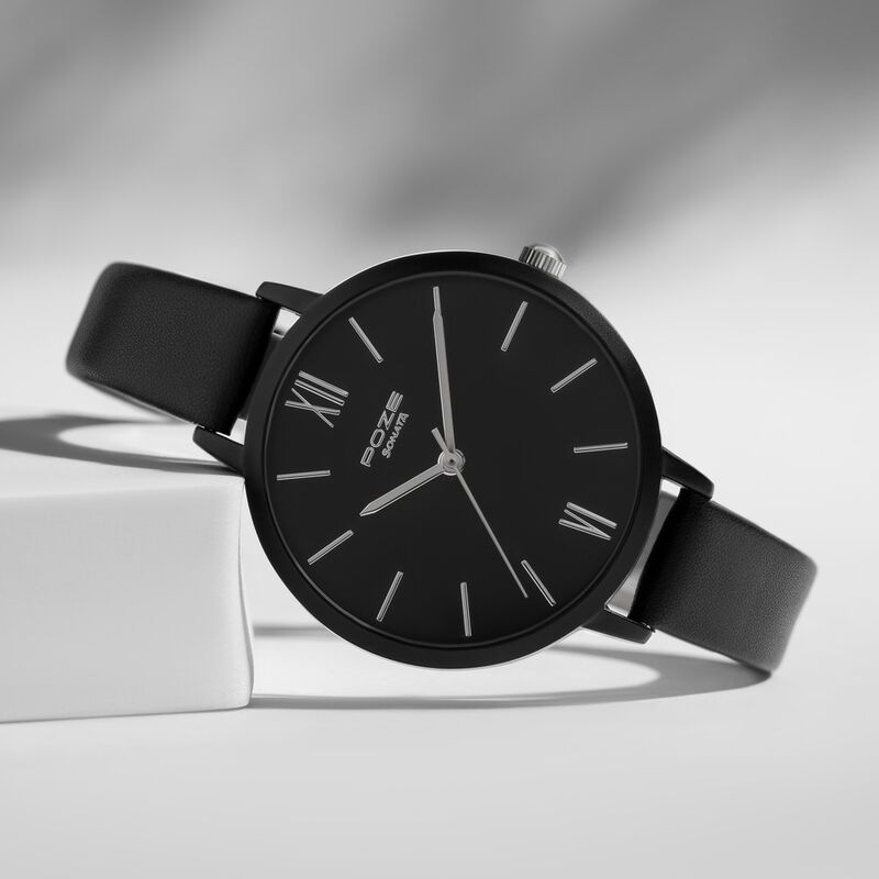 Sonata Poze Quartz Analog Black Dial Leather Strap Watch for Women
