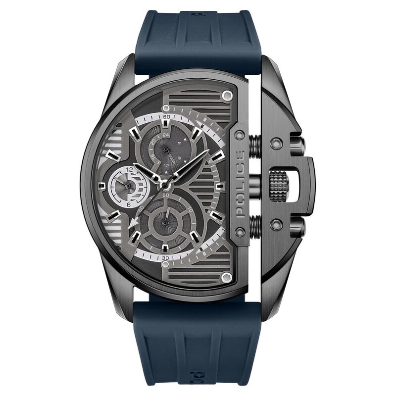 Police Quartz Multifunction Black Dial Blue Silicon Strap Watch For Men