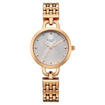 Titan Raga Showstopper Quartz Analog Silver Dial Rose Gold Metal Strap Watch For Women