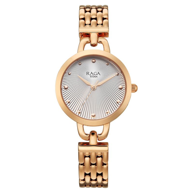 Titan Raga Showstopper Quartz Analog Silver Dial Rose Gold Metal Strap Watch For Women