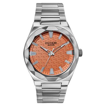 Poze Poze Quartz Analog Orange Dial Silver Metal Strap Watch For Men