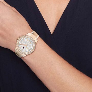 Tommy Hilfiger Multifunction Silver Dial Golden Stainless Steel Strap Watch For Women