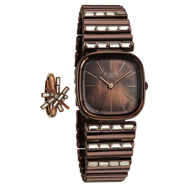 Titan Raga Glimmers Quartz Analog Brown Mother Of Pearl Dial Brown Metal Strap Watch For Women - image number 0