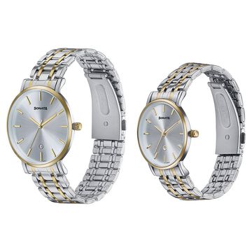 Sonata Wedding Edit Quartz Analog with Date Silver Dial Stainless Steel Strap Watch For Pair