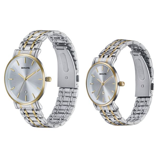 Sonata Wedding Edit Quartz Analog with Date Silver Dial Stainless Steel Strap Watch For Pair - image number 3