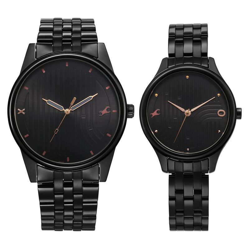 Fastrack Mixmatched Quartz Analog Black Dial With Black Metal Strap Watch For Couple