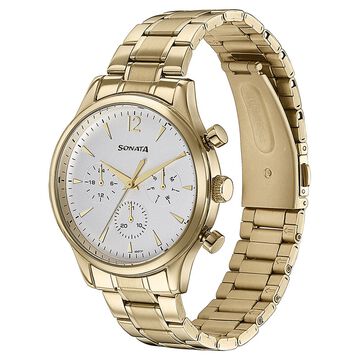 Sonata Quartz Multifunction White Dial Golden Stainless Steel Strap Watch For Men