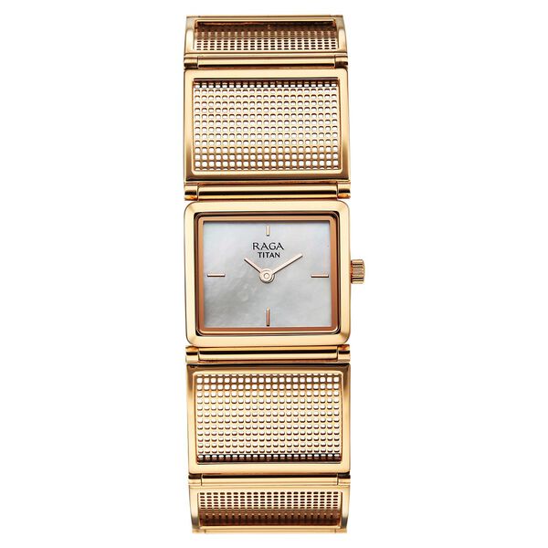 Titan Raga Ethereal Quartz Analog White Mother Of Pearl Dial Rose Gold Stainless Steel Strap Watch For Women - image number 0
