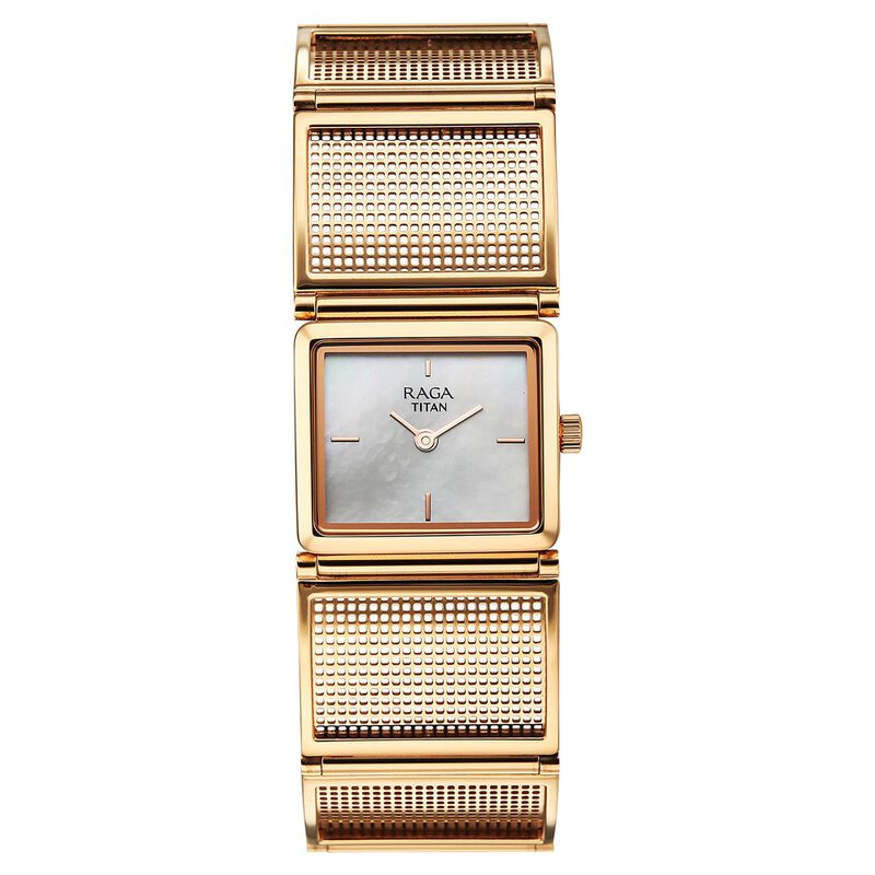Titan Raga Ethereal Quartz Analog White Mother Of Pearl Dial Rose Gold Stainless Steel Strap Watch For Women