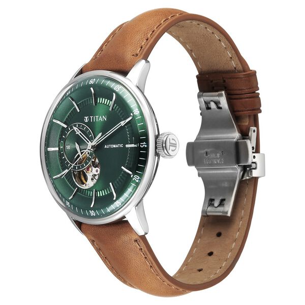 Titan Orbital Open Heart Automatic Analog with Green Dial Brown Leather Strap Watch for Men - image number 2