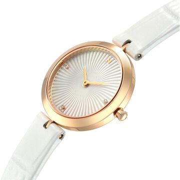 Titan Nebula Lotus 18 KT Gold Quartz Analog Mother Of Pearl Dial White Leather Strap Watch For Women