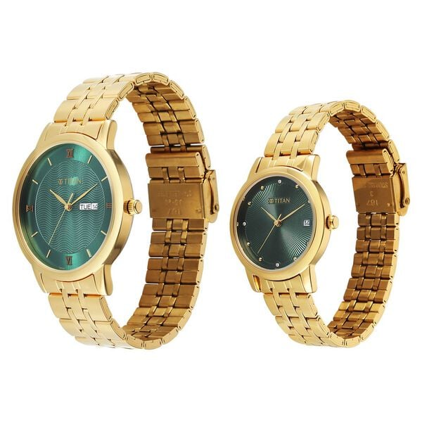 Titan Bandhan Eternal Pair Analog with Date and Green Dial Yellow Gold Stainless Steel Strap Watch for Couples - image number 2
