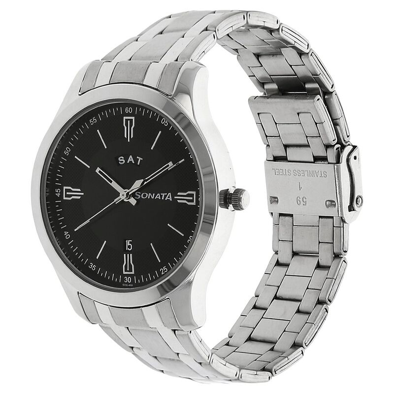 Sonata Quartz Analog with Day and Date Black Dial Stainless Steel Strap Watch for Men - image number 1
