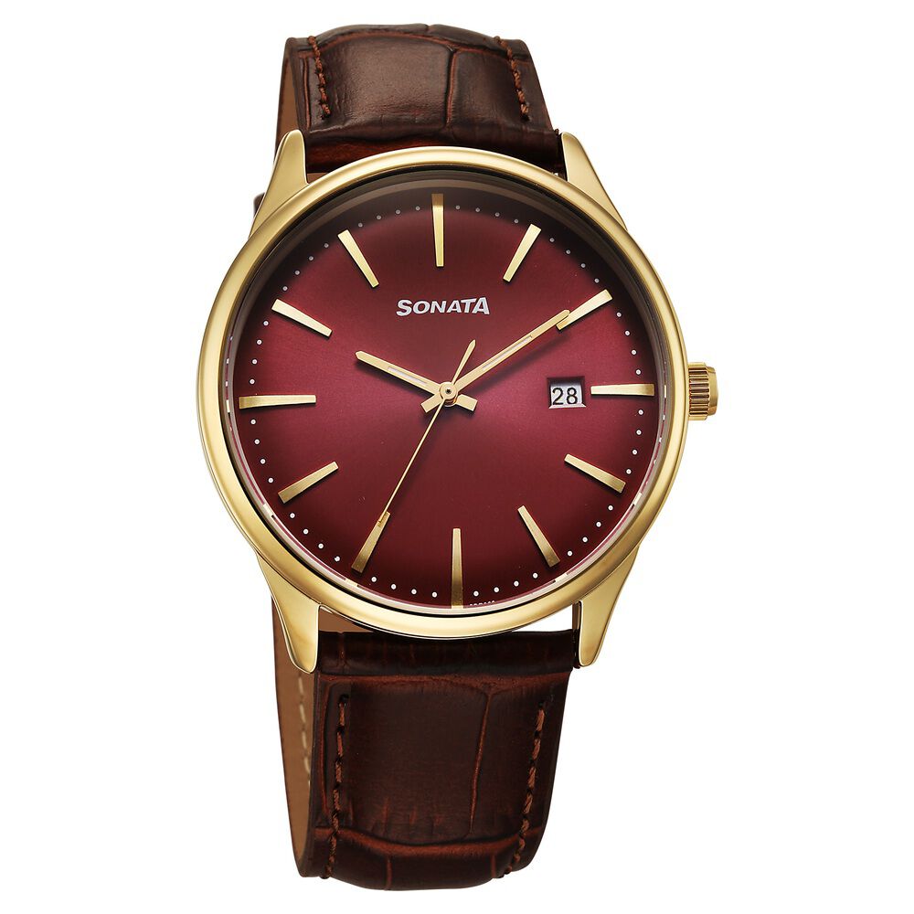 Sonata Eternia Quartz Analog with Date Maroon Dial Leather Strap Watch For Men-picture-30