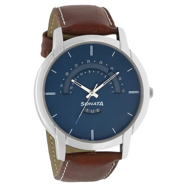Sonata Quartz Analog with Day and Date Blue Dial Leather Strap Watch for Men - image number 1