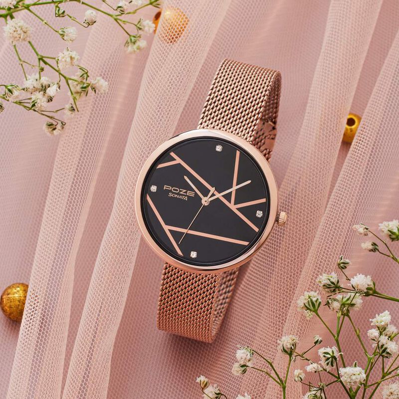 Sonata Poze Quartz Analog Black Dial Rose Gold Color Stainless Steel Strap Watch For Women