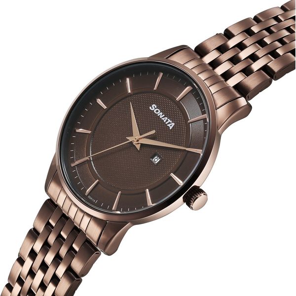 Sonata Wedding Quartz Analog Brown Dial Stainless Steel Strap Watch For Men - image number 1