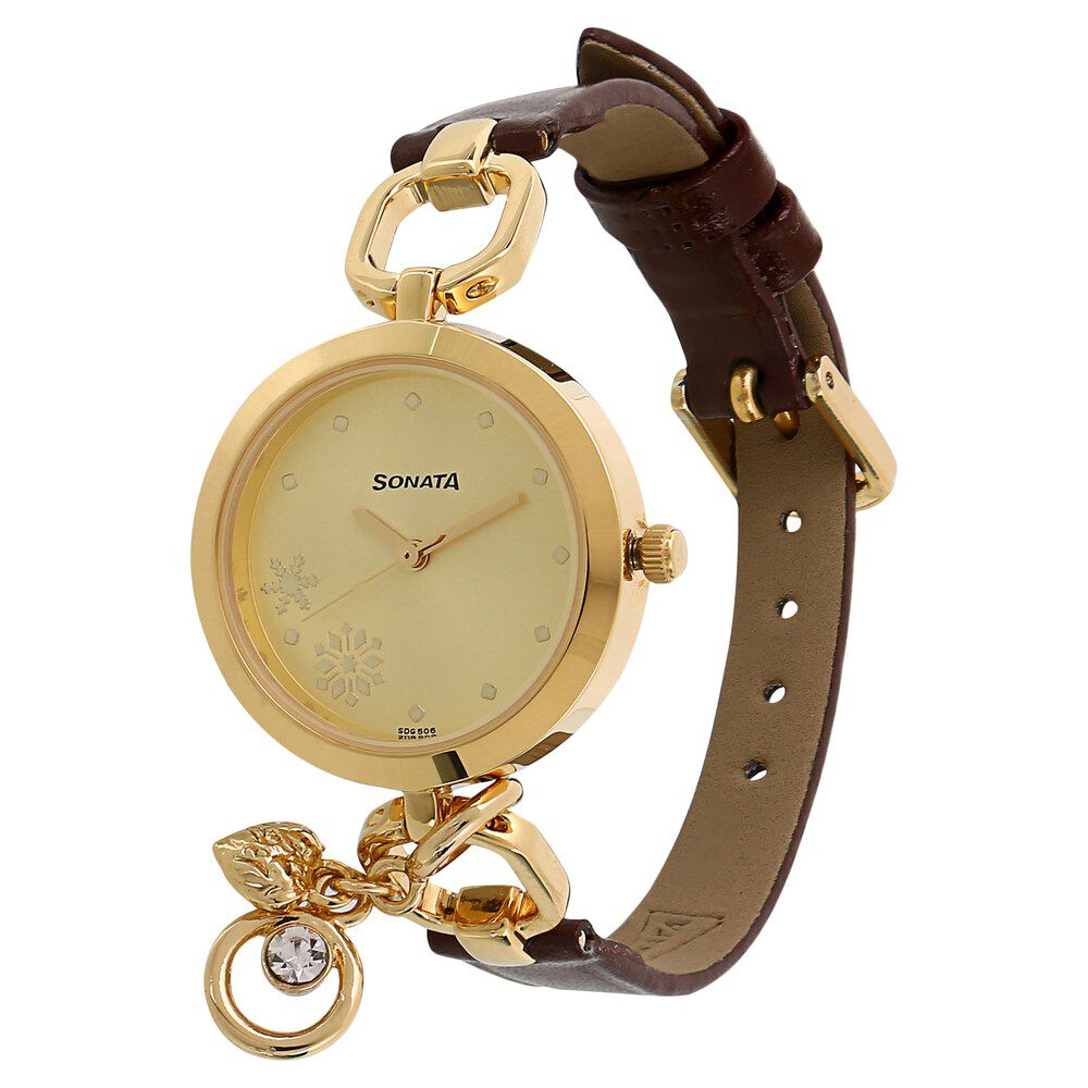 Buy Online Sonata Charmed Champagne Dial Women Watch With Leather Strap nr8147yl01 Titan