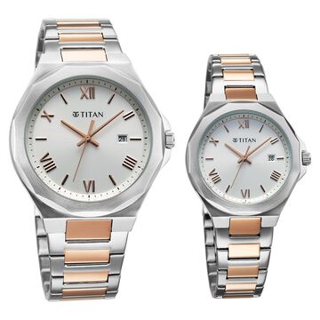 Titan Bandhan Quartz Analog with Date White Dial Two Toned Stainless Steel Strap Watch For Couple