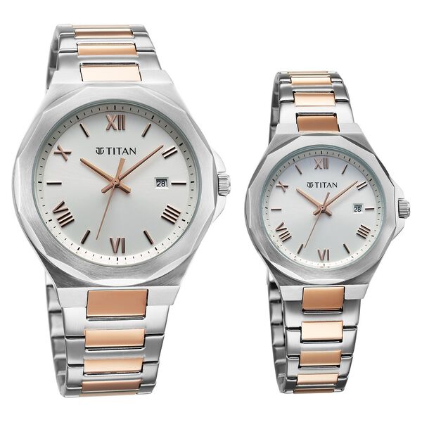 Titan Bandhan Quartz Analog with Date White Dial Two Toned Stainless Steel Strap Watch For Couple - image number 1