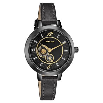 Sonata Unveil Black Dial Women Watch With Leather Strap