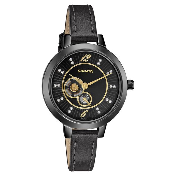 Sonata Unveil Black Dial Women Watch With Leather Strap - image number 0