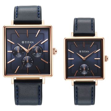 Titan Bandhan Black Dial Quartz Multifunction Leather Strap Watch for Couple