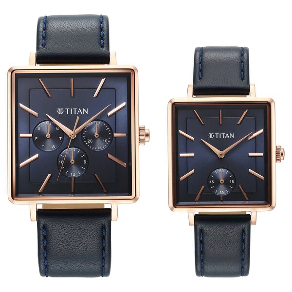 Titan Bandhan Black Dial Quartz Multifunction Leather Strap Watch for Couple - image number 1