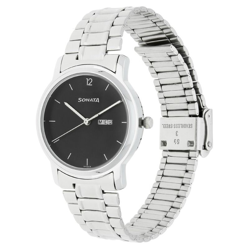 Sonata Quartz Analog with Day and Date Black Dial Stainless Steel Strap Watch for Men - image number 1