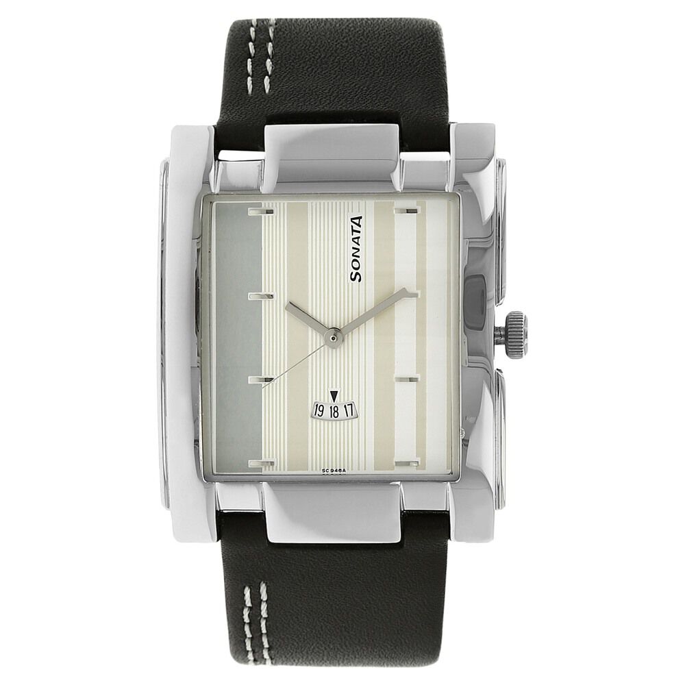 Buy Online Sonata Quartz Analog Silver Dial Leather Strap Watch