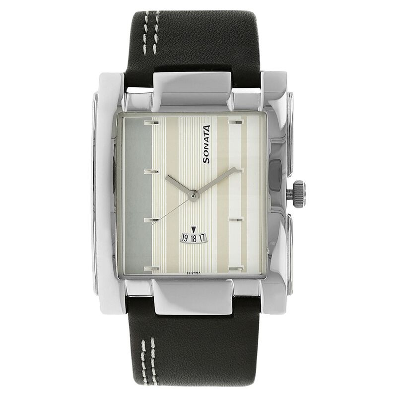 Sonata Quartz Analog Silver Dial Leather Strap Watch for Men