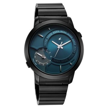 Fastrack Pulse IV Dual Time Watch for Men with Petrol Blue Sunray Dial & Black Metal Strap