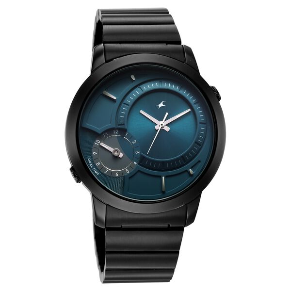 Fastrack Pulse IV Dual Time Watch for Men with Petrol Blue Sunray Dial & Black Metal Strap - image number 1