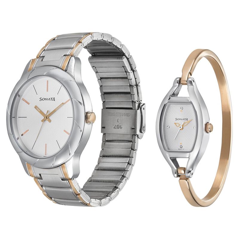 Sonata Quartz Analog Beige Dial Stainless Steel Strap Watch for Couple - image number 1