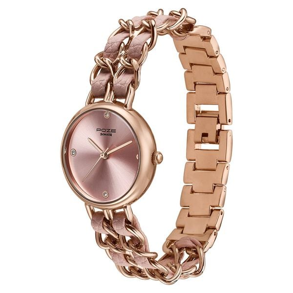 Poze Poze Quartz Analog Pink Dial Two Toned Metal & Leather Strap Watch For Women - image number 4