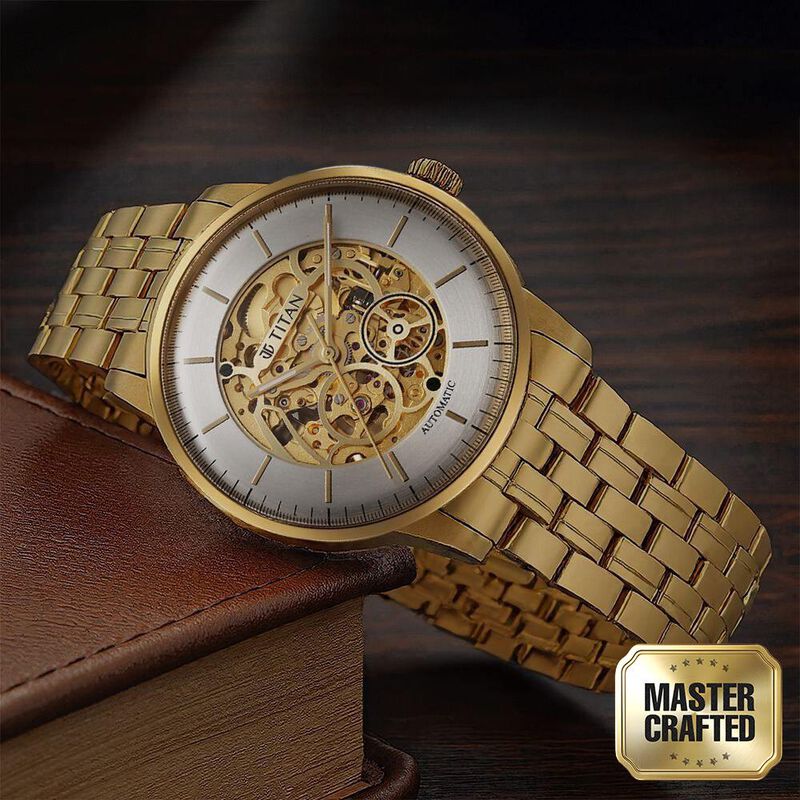 Titan Golden Heart Skeletal Automatic Analog with Silver Dial Yellow Gold Stainless Steel Strap Watch for Men