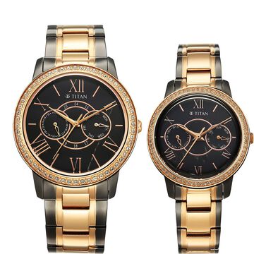 Titan Royal Bandhan Quartz Analog with Day and Date Black Dial Two Toned Strap Watch For Couple