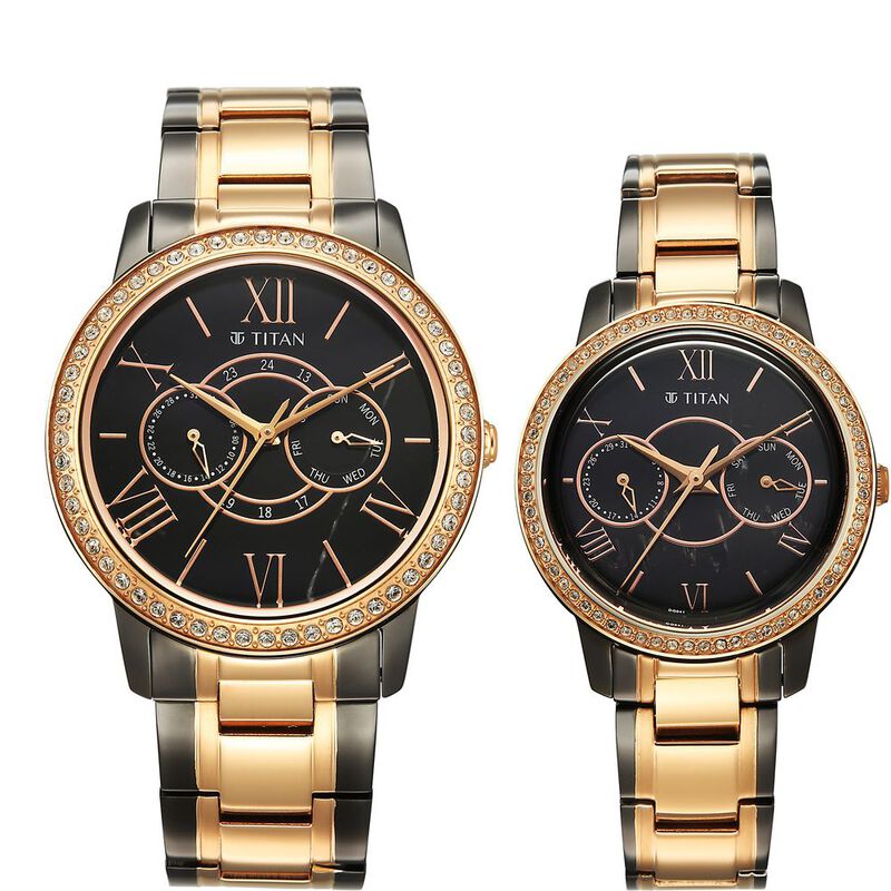 Titan Royal Bandhan Quartz Analog with Day and Date Black Dial Two Toned Strap Watch For Couple