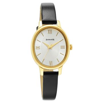 Sonata Classic Gold Silver Dial Leather Strap Watch for Women