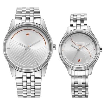 Fastrack Mixmatched Quartz Analog Silver Dial Silver Stainless Steel Strap Watch for Couple