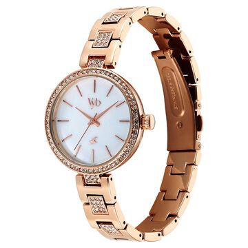 Fastrack Vyb Diva Quartz Analog Mother of Pearl Dial Rose Gold Metal Strap Watch For Girls